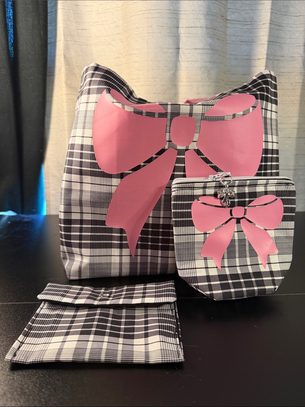 Black & White Plaid Tote with Pink Bow Accent